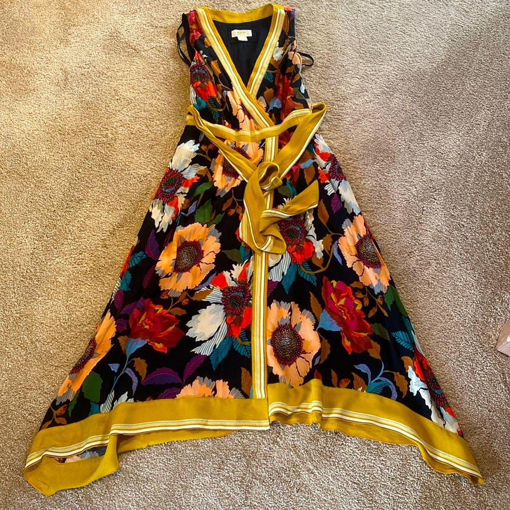 Anthropologie Maeve Botanica Tie Waist Hankerchief Hem Floral Faux Wrap Dress 0